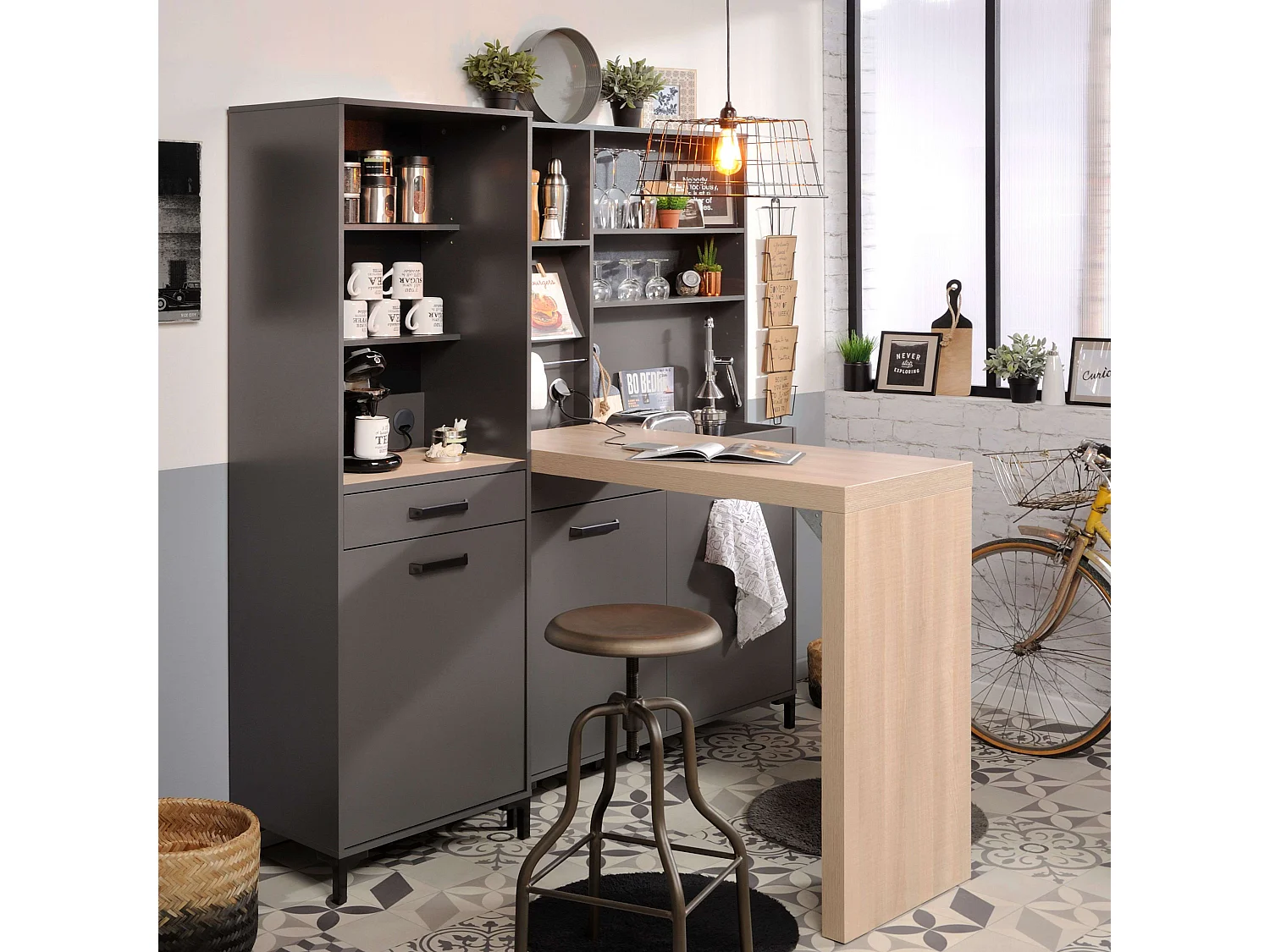 Colonne de cuisine industrielle grise fumée, 2 étagères, tiroir et porte 60 x 188 x 42 cm