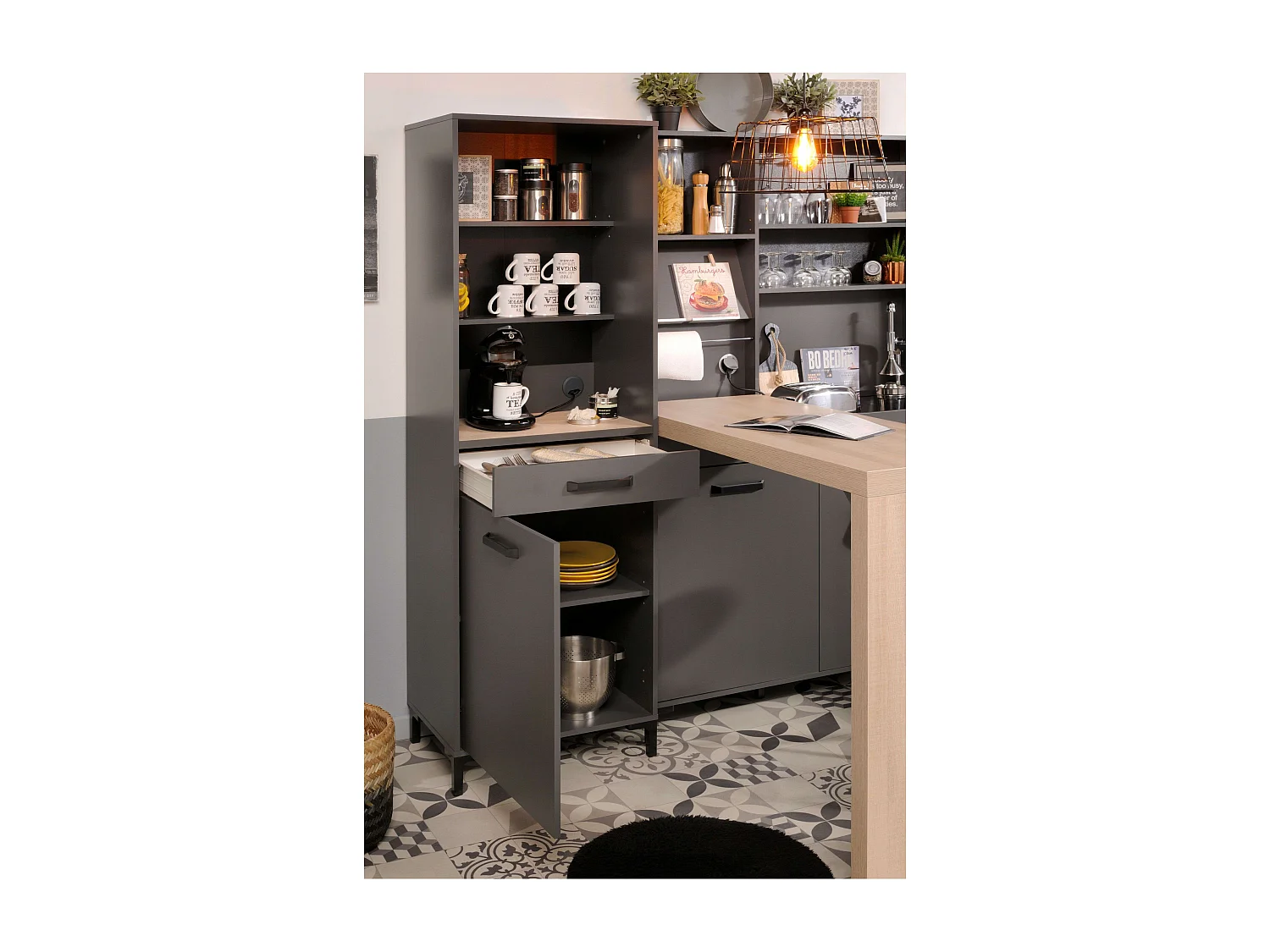 Colonne de cuisine industrielle grise fumée, 2 étagères, tiroir et porte 60 x 188 x 42 cm