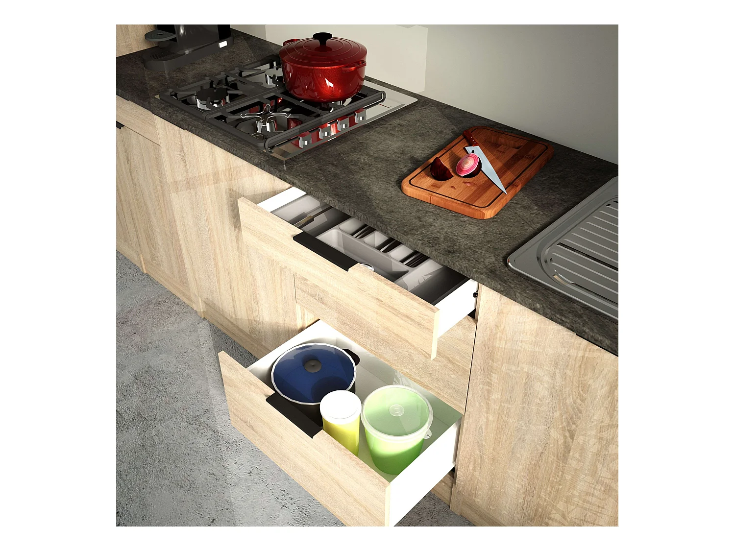 Module de cuisine Arko avec 3 tiroirs, chêne brut/noir, 60x60 cm