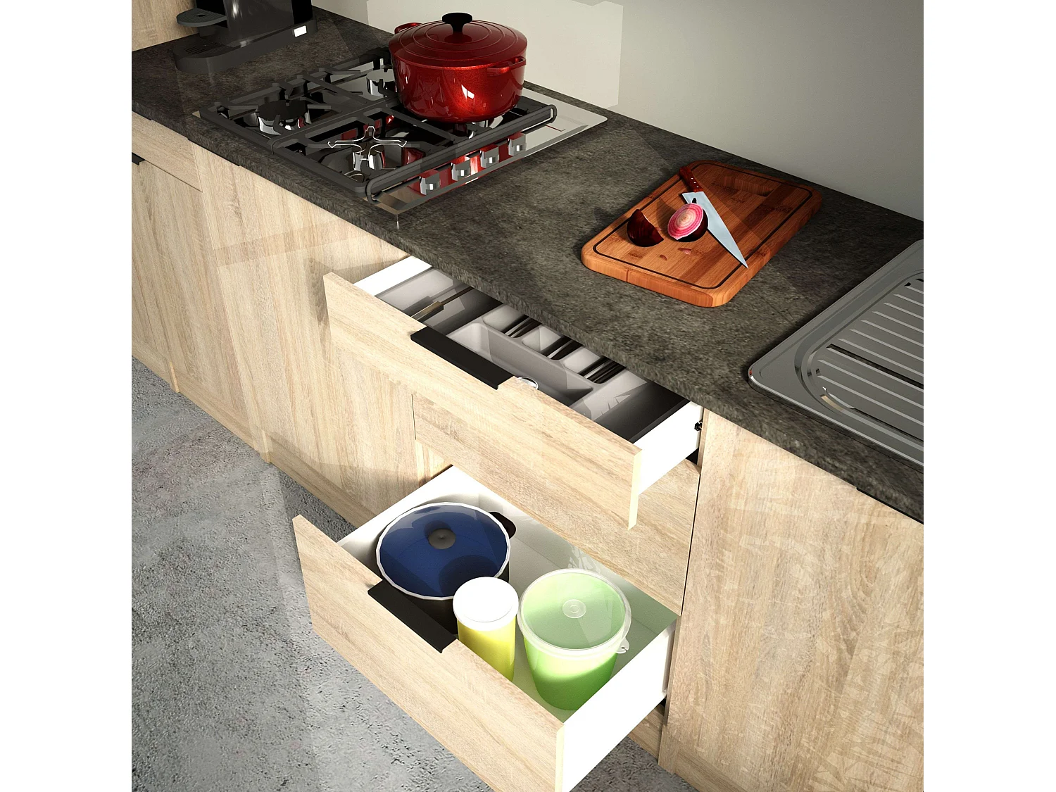 Módulo cocina Arko 3 cajones roble áspero/negro 60x60 cm