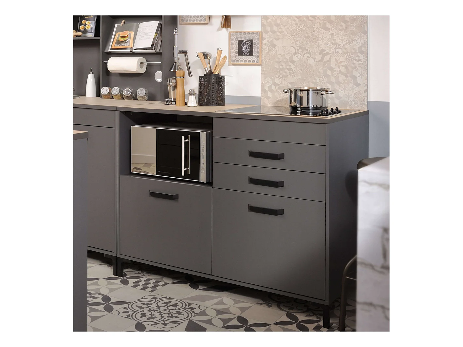 Module de cuisine Smoke Style industriel Chêne gris 2 tiroirs 2 portes 118 cm