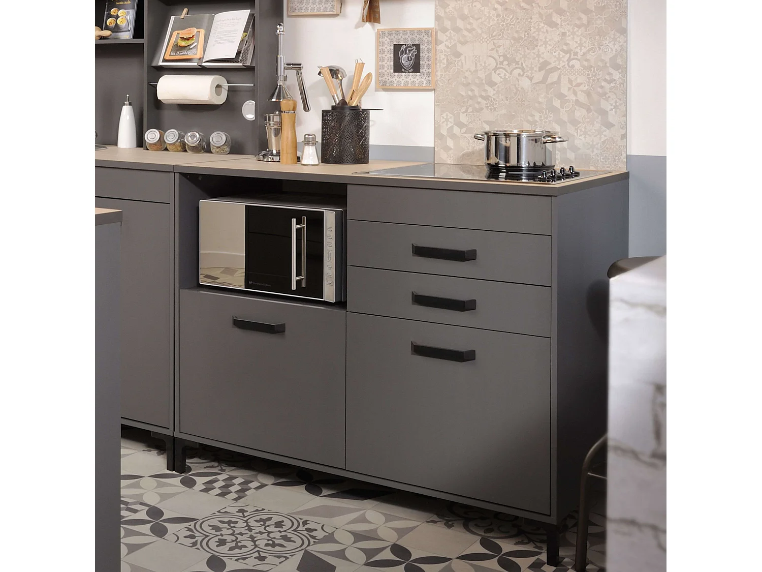 Module de cuisine Smoke Style industriel Chêne gris 2 tiroirs 2 portes 118 cm