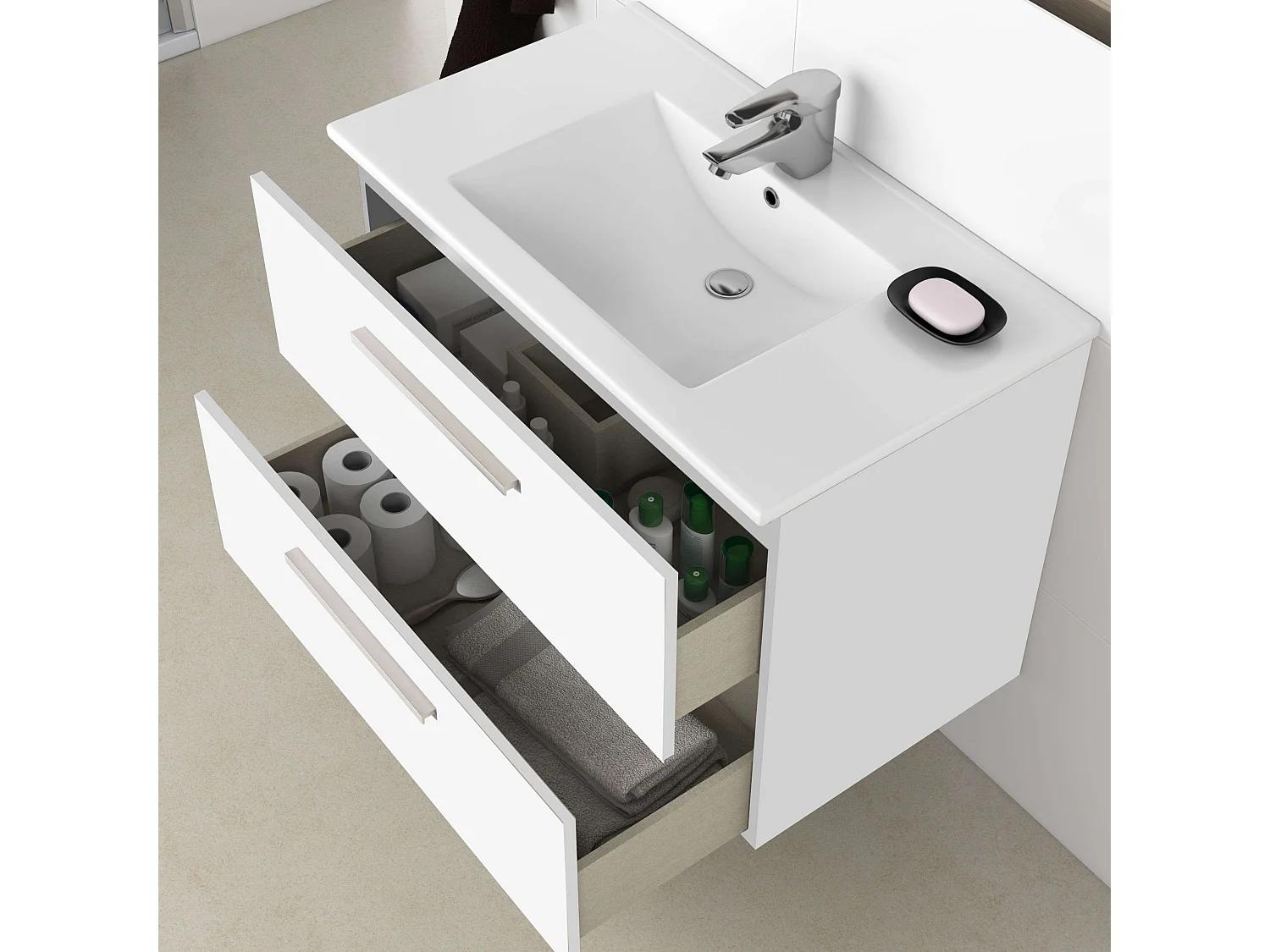 Mueble de Baño Suspendido Aruba Blanco 2 Cajones c/ Espejo 80x45x57 cm