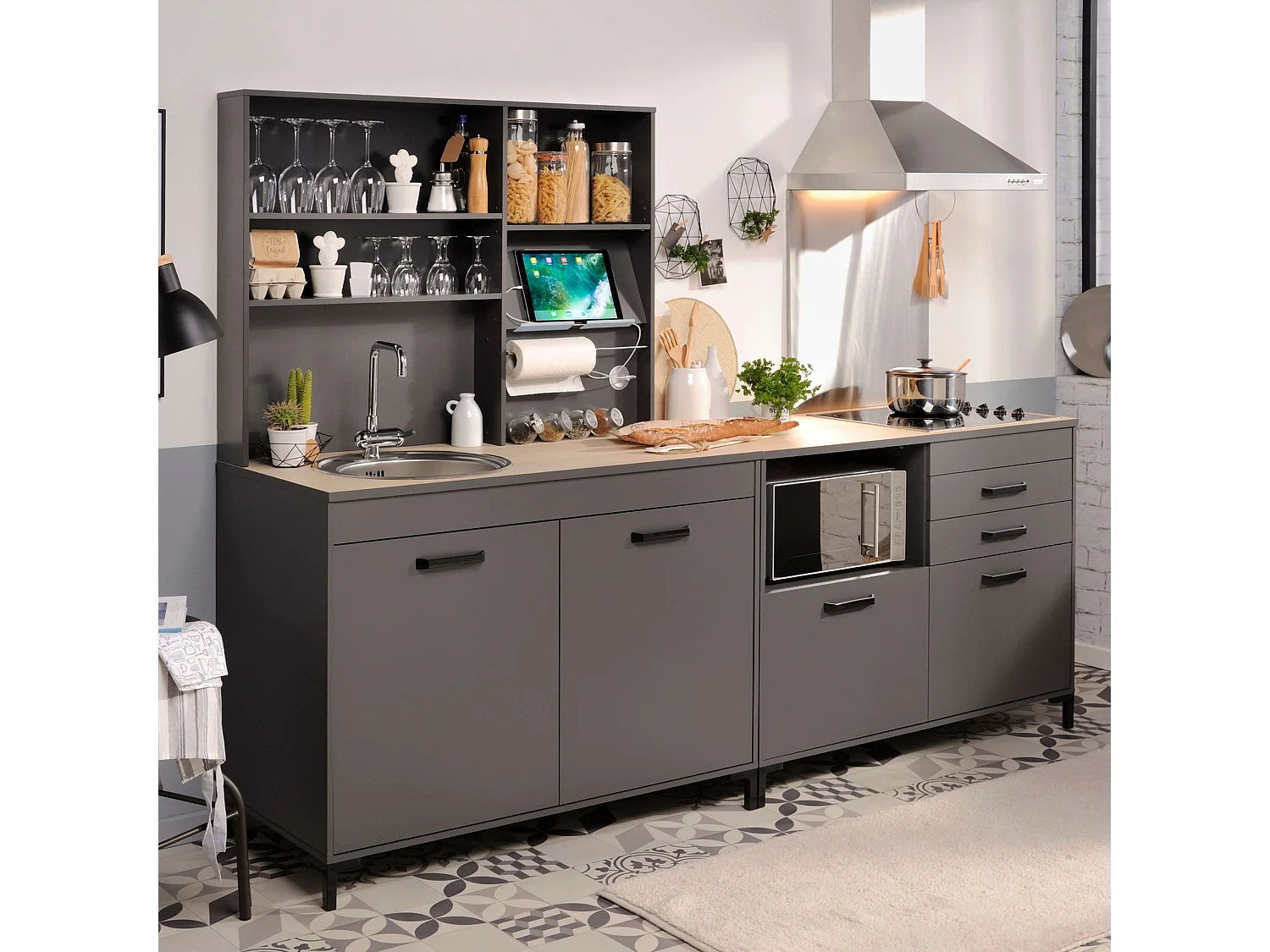 Módulo Inferior Cocina Smoke Industrial Gris y Roble 2 Puertas 118 cm