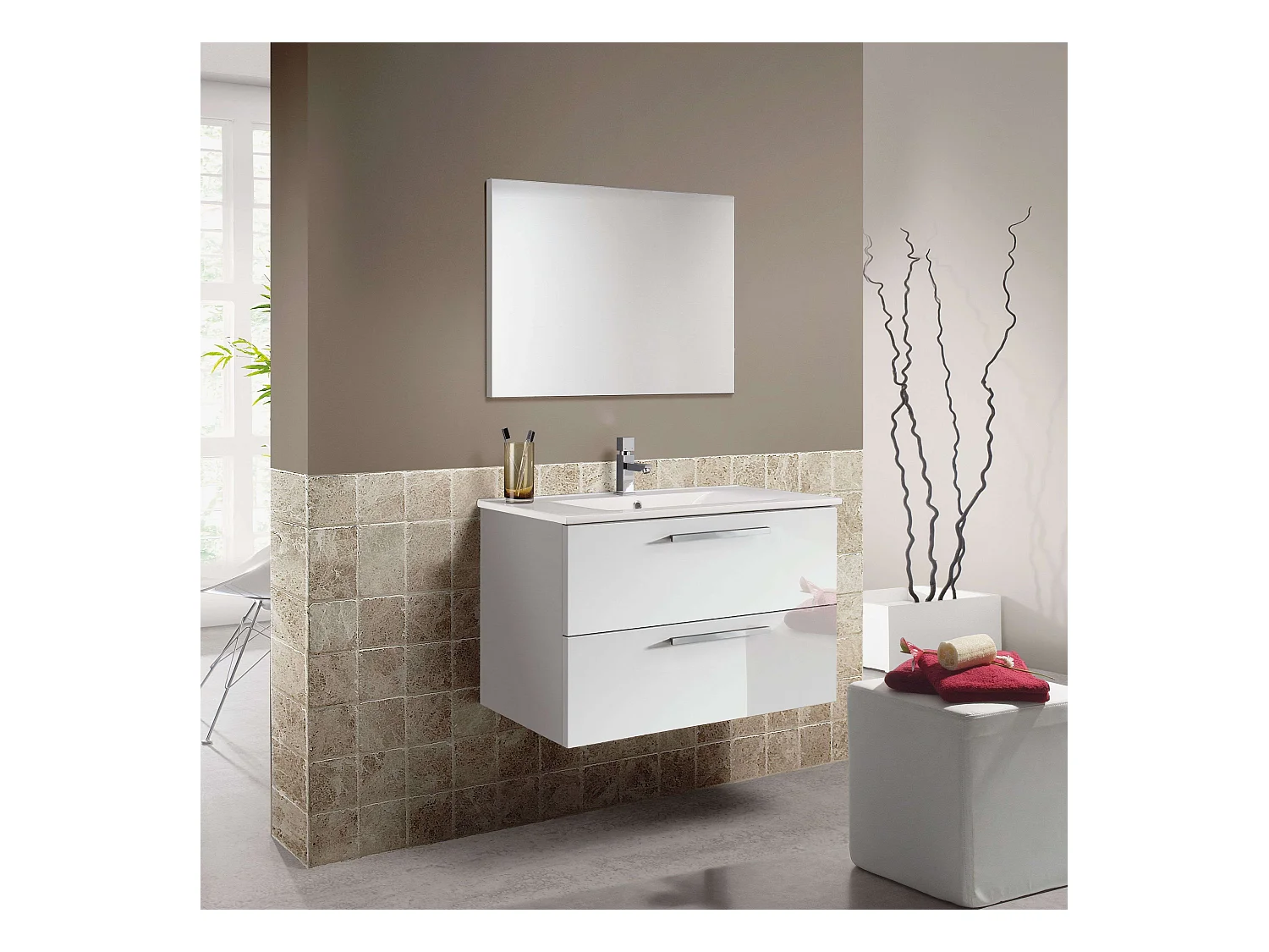 Mueble de Baño Suspendido Aruba Blanco 2 Cajones Espejo 80x45x57 cm