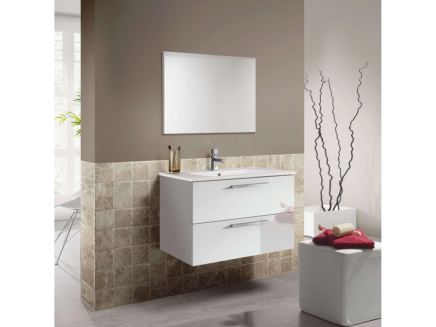 Mueble de Baño Suspendido Aruba Blanco 2 Cajones Espejo 80x45x57 cm