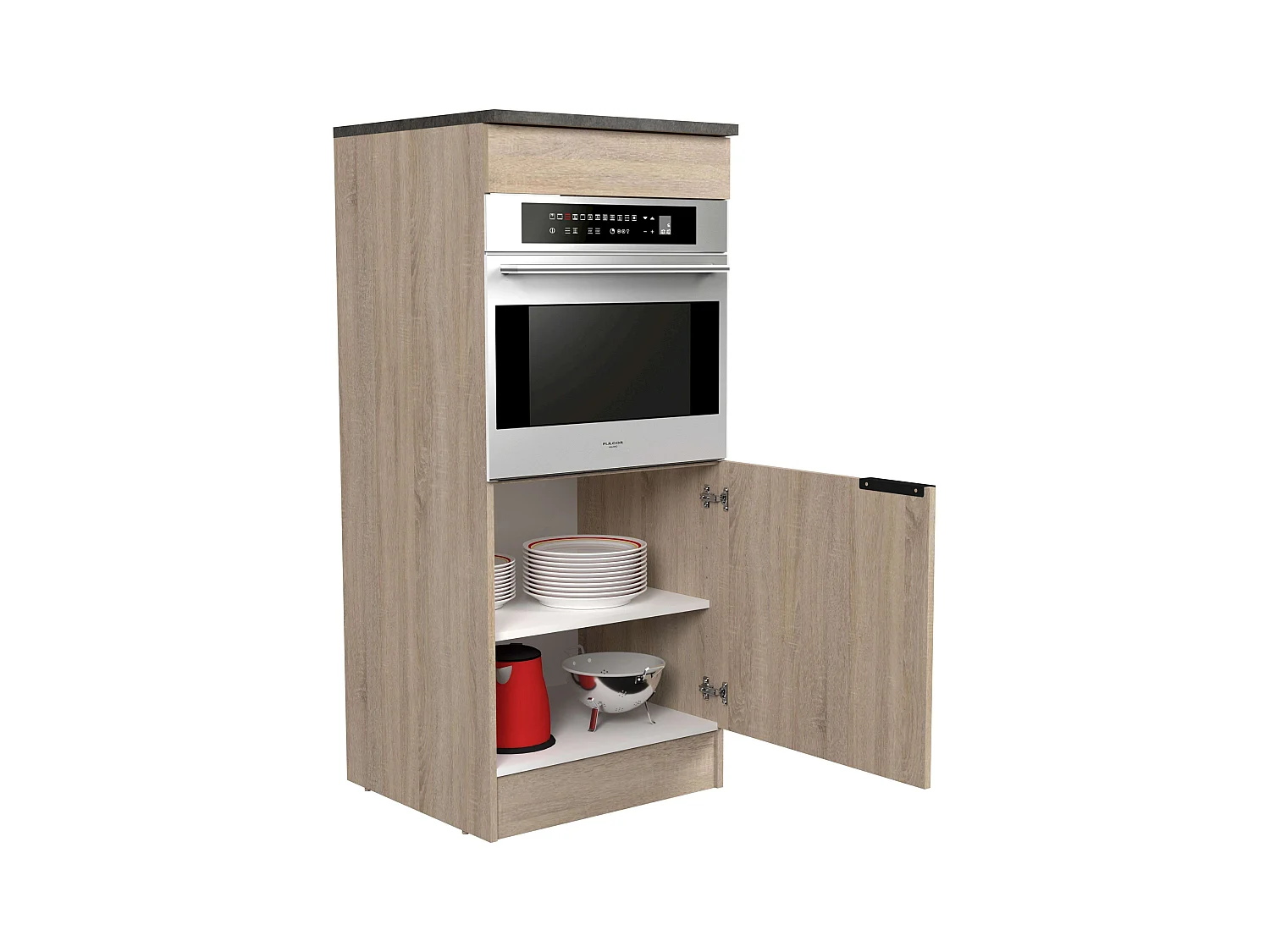 Module colonne de four de cuisine Arko avec 1 porte, étagère chêne/noir, 60x60x141 cm