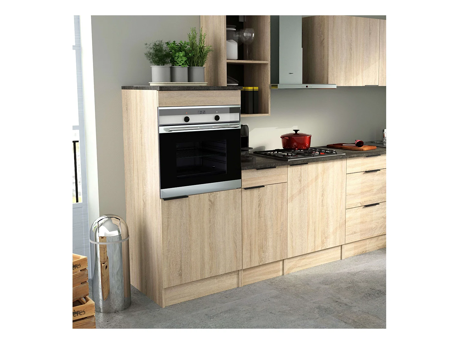 Module colonne de four de cuisine Arko avec 1 porte, étagère chêne/noir, 60x60x141 cm