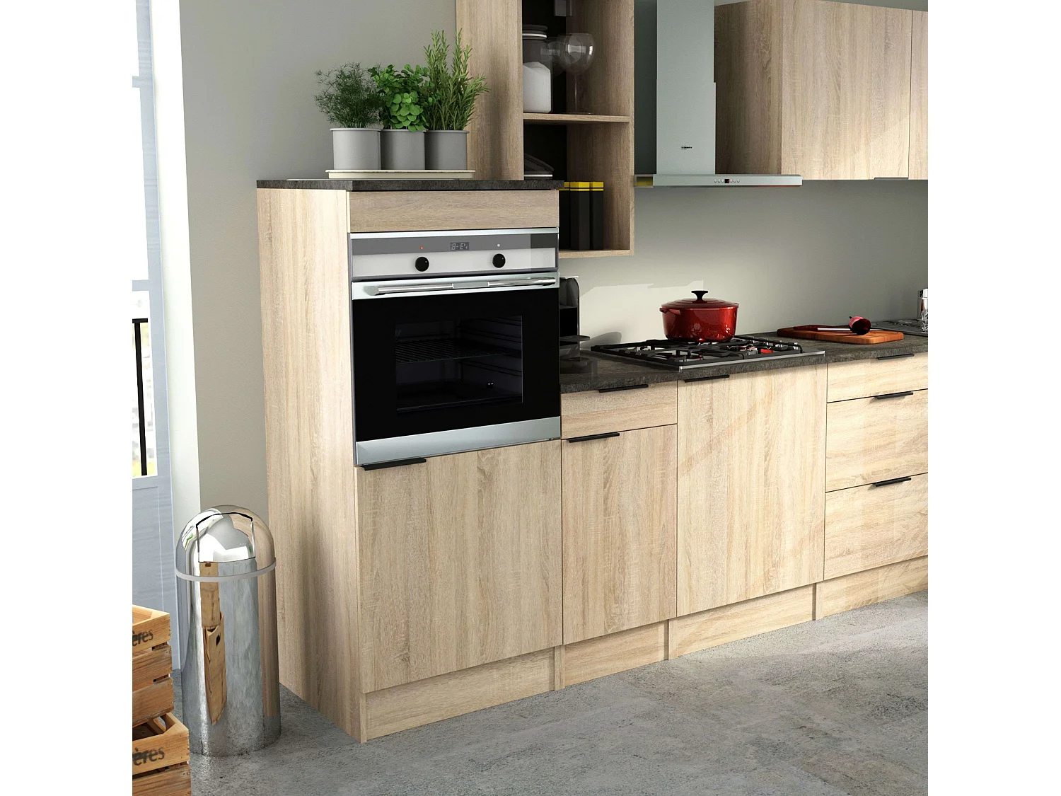 Module colonne de four de cuisine Arko avec 1 porte, étagère chêne/noir, 60x60x141 cm