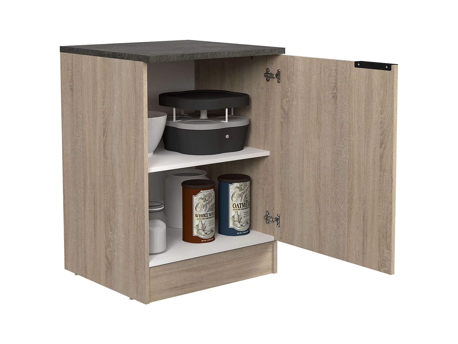 Module de cuisine inférieur Arko avec 1 porte, chêne brut/étagère noire, 60x60 cm