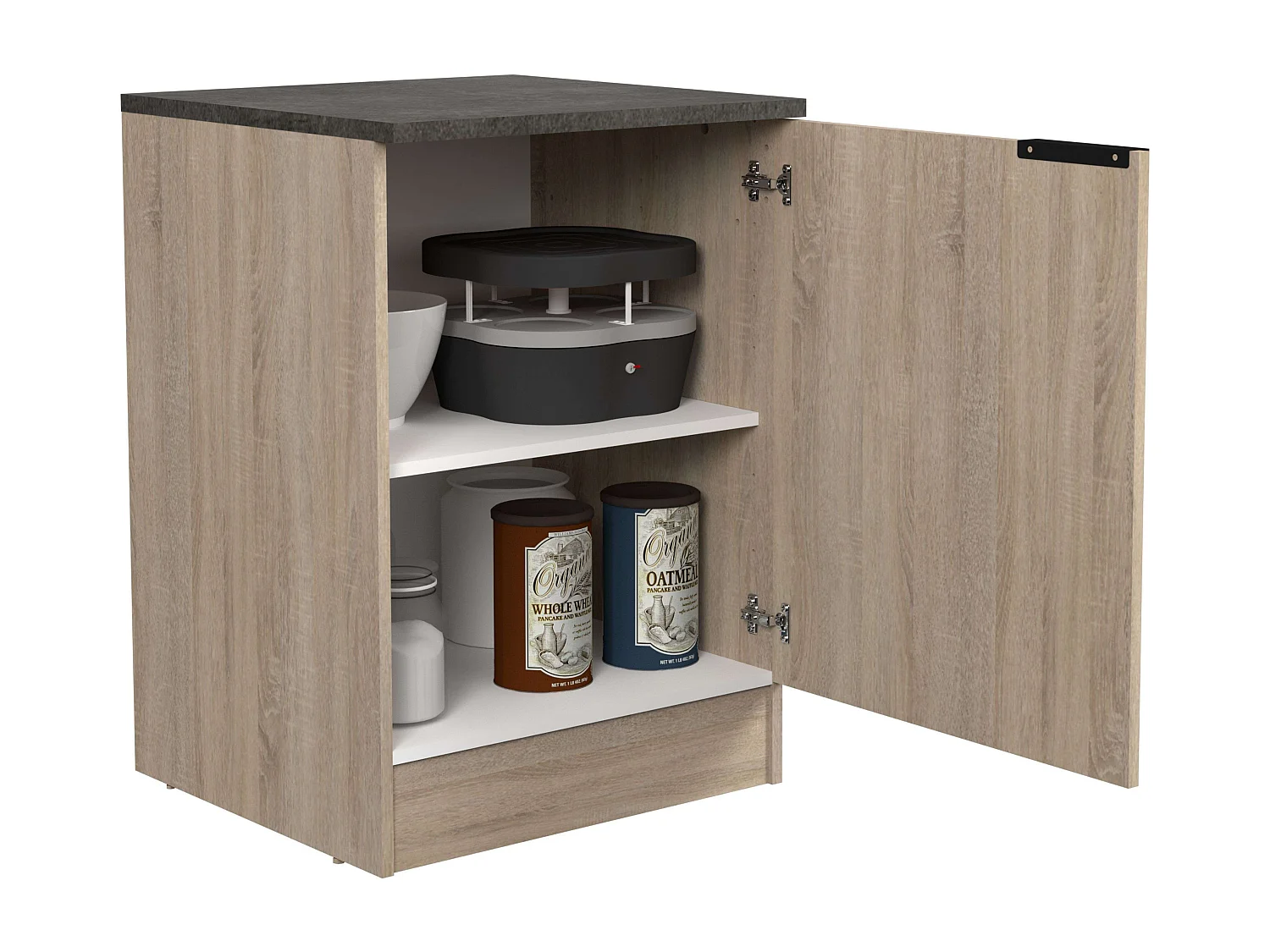 Module de cuisine inférieur Arko avec 1 porte, chêne brut/étagère noire, 60x60 cm