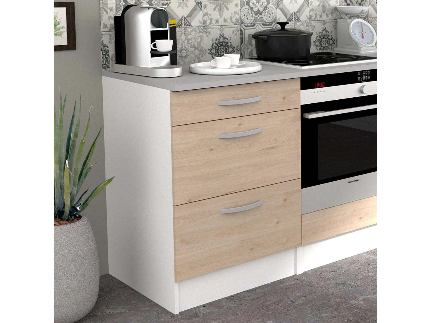 Module de cuisine Eko Inf. 3 tiroirs Blanc et chêne Jackson 60 x 60 cm