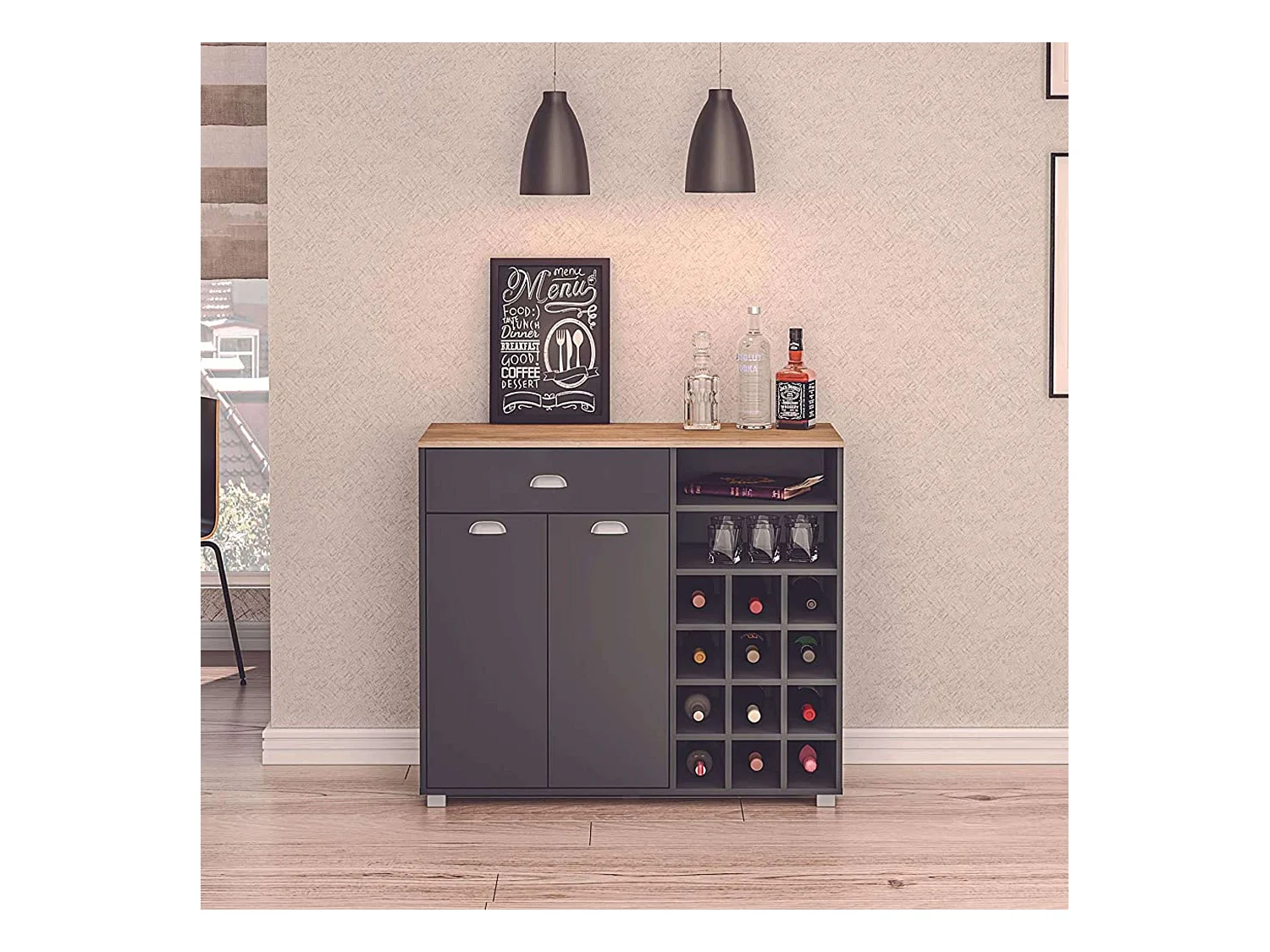 Asfeld Buffet Cocina Botellero Gris Grafito Almacenaje 90x103x40 cm