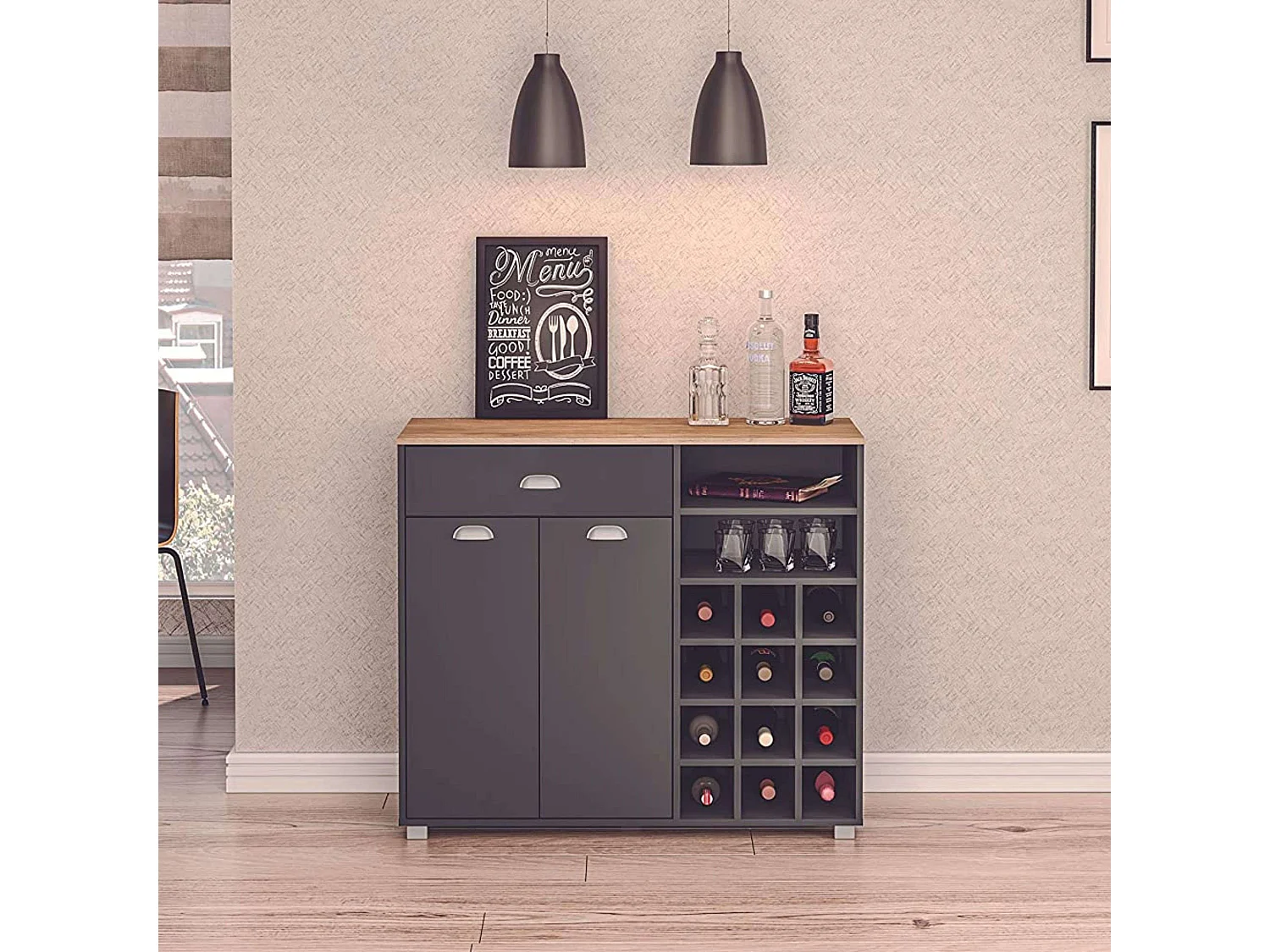 Asfeld Buffet Cocina Botellero Gris Grafito Almacenaje 90x103x40 cm