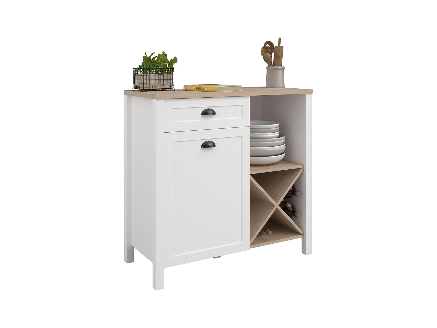 Buffet bas Coper avec porte-bouteilles Nordic White et Jackson Oak 95x92 cm