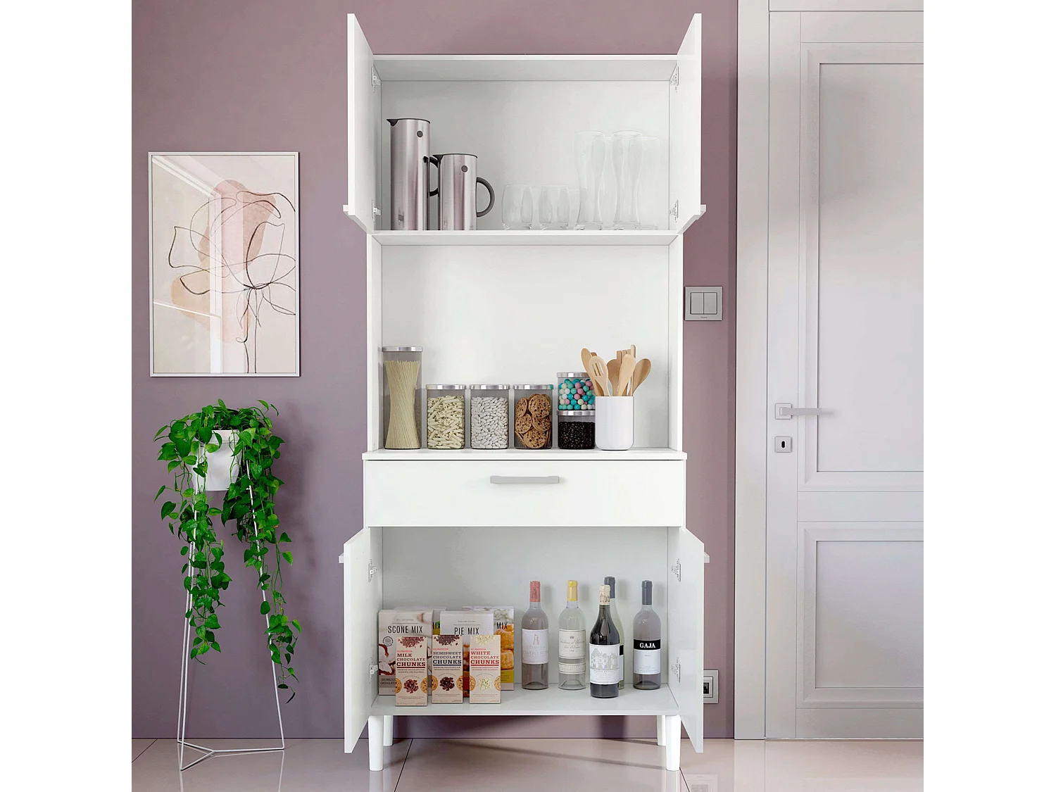 Armario Cocina Aparador 4P 1C Blanco 80x180 cm