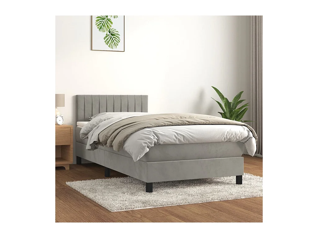 Lit simple-Lit adulte-Sommier à lattes de lit et matelas Gris clair 90x200 cm Velours