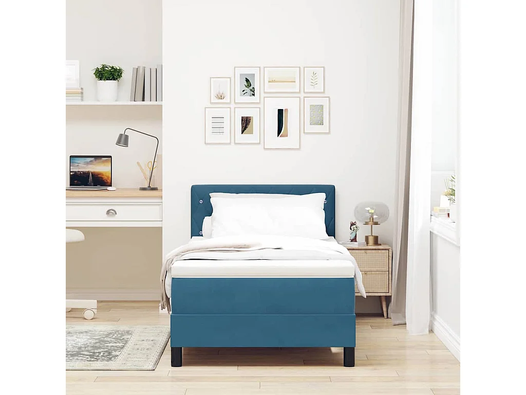 Cama de solteiro-Cama de adulto-Cama Box com colchão Azul Escuro 100 x 200cm Veludo SHL808079