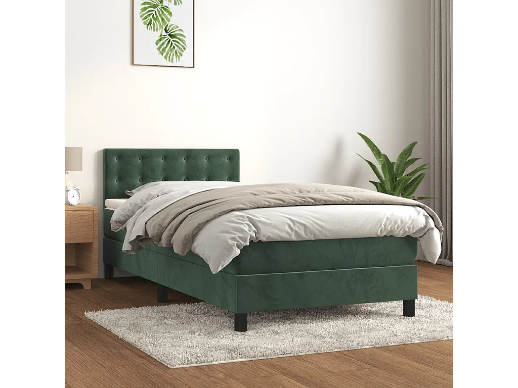 Cama individual | Cama para adultos | Cama box spring con colchón terciopelo verde oscuro 90x190 cm SHL11913