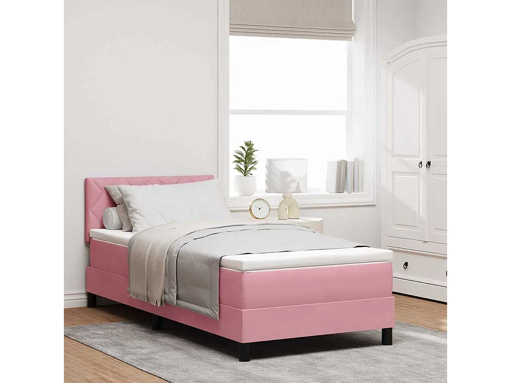 Cama de solteiro-Cama de adulto-Cama Box com colchão com cabeceira Rosa 100 x 200cm Veludo SHL24359