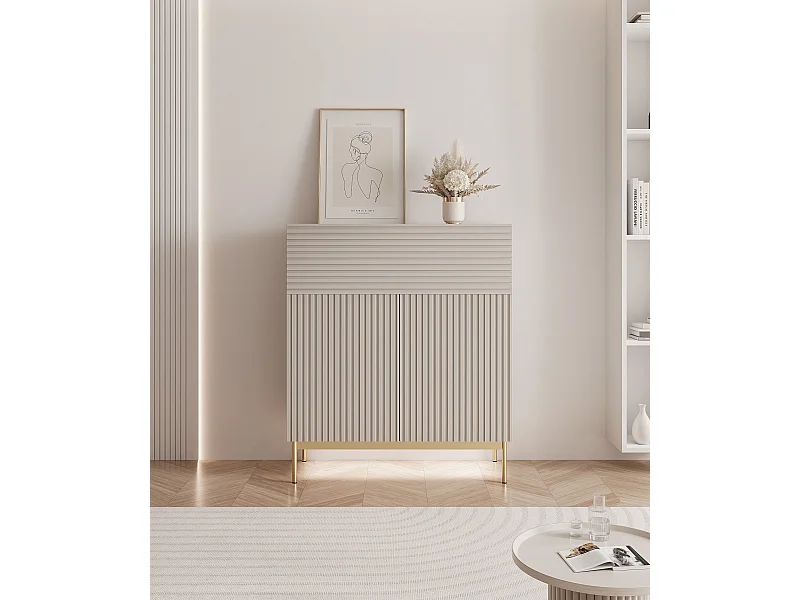 Highboard – 2 Türen, Klappfach und LED – Kaschmirgrau – 92 cm – LINEARIS