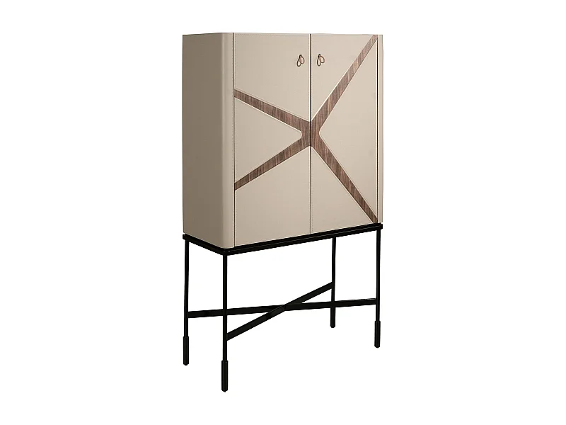 Aparador alto em couro, nogueira e aço preto