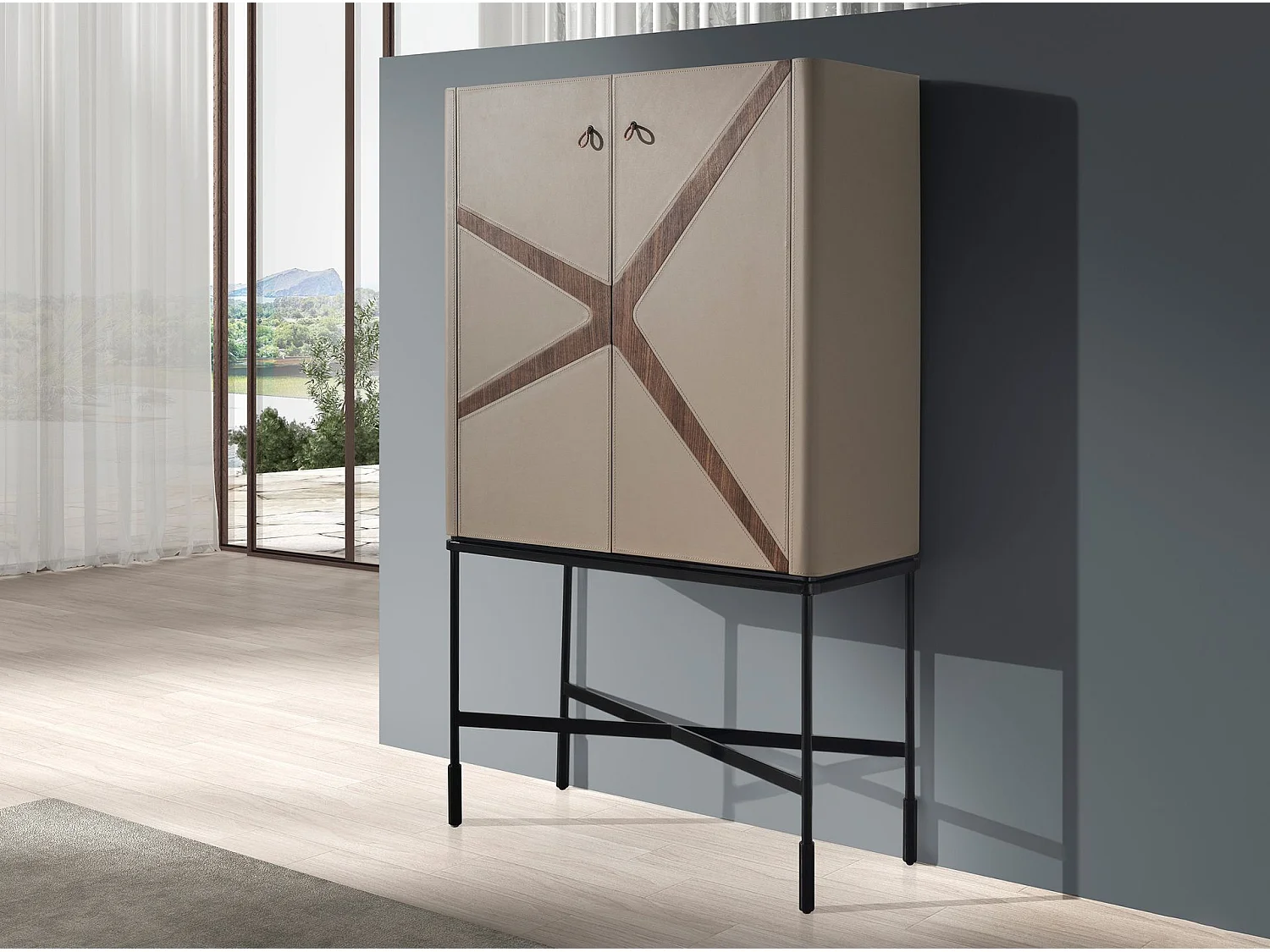 Hoog dressoir leer, walnoot en zwart staal 3280 ANGEL CERDA