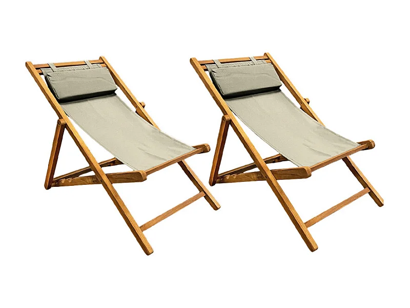 Lot 2 chaises longues chiliennes teck et toile vert sauge - ANCOLIE