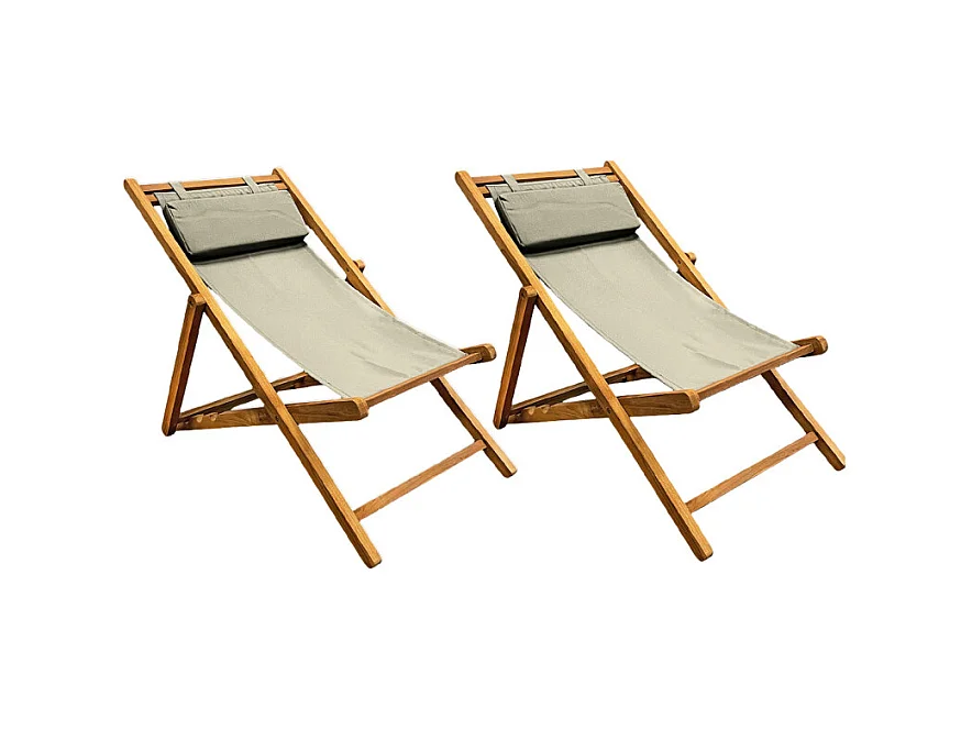 Lot 2 chaises longues chiliennes teck et toile vert sauge - ANCOLIE