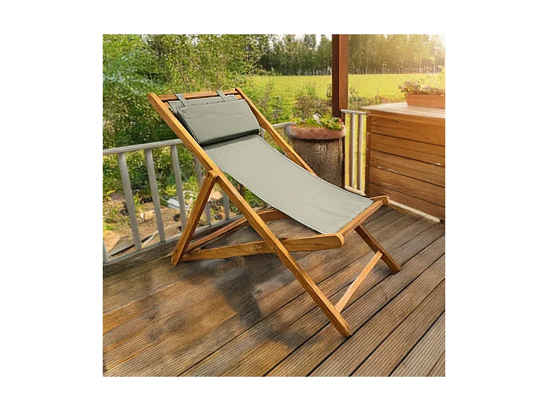 Lot 2 chaises longues chiliennes teck et toile vert sauge - ANCOLIE