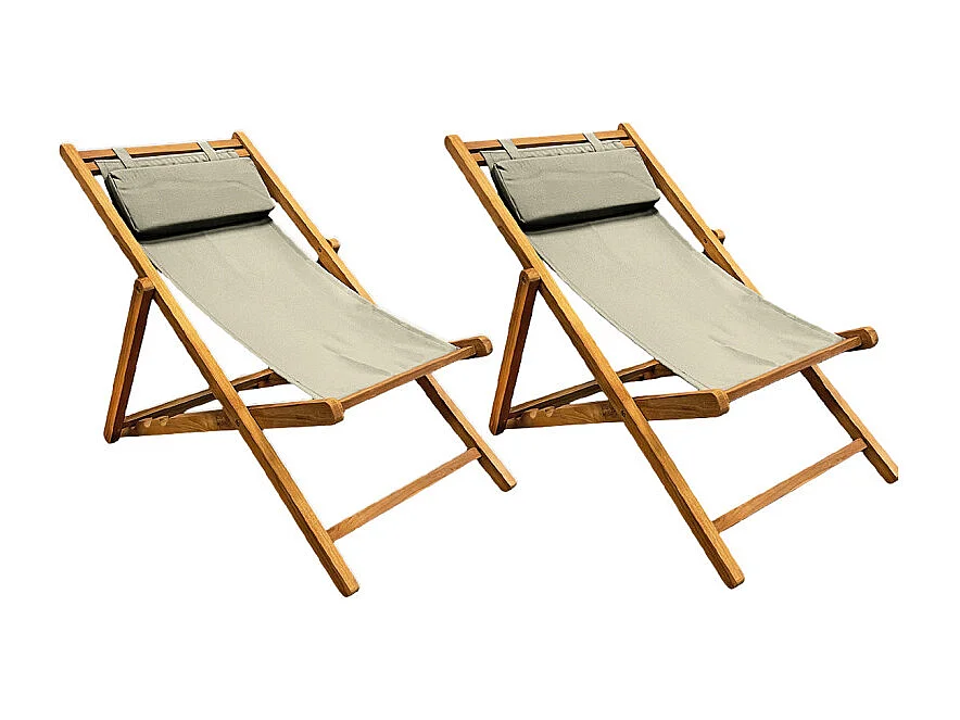Lot 2 chaises longues chiliennes teck et toile vert sauge - ANCOLIE