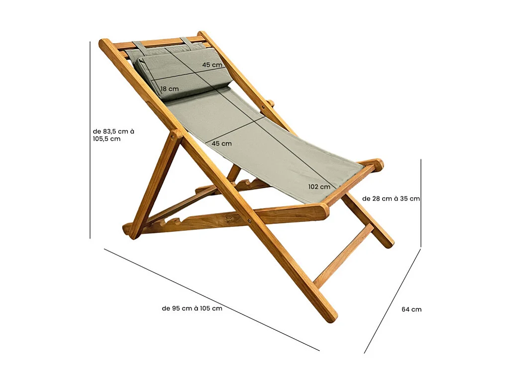 Lot 2 chaises longues chiliennes teck et toile vert sauge - ANCOLIE