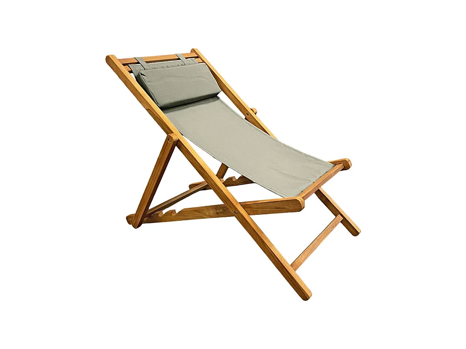 Chaise longue chilienne jardin en teck et toile vert sauge - ANCOLIE