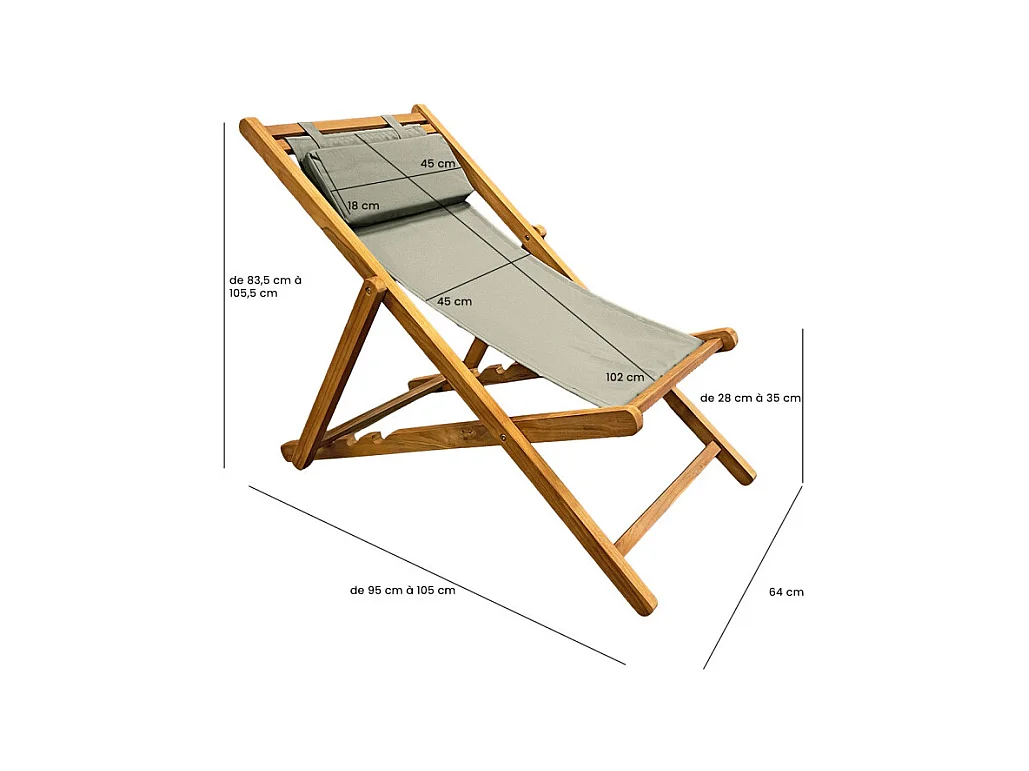 Chaise longue chilienne jardin en teck et toile vert sauge - ANCOLIE