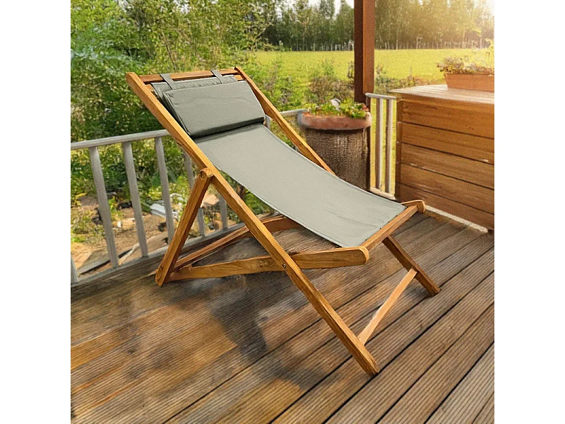 Chaise longue chilienne jardin en teck et toile vert sauge - ANCOLIE