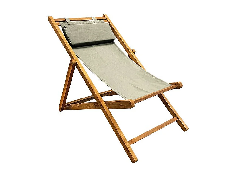 Chaise longue chilienne jardin en teck et toile vert sauge - ANCOLIE