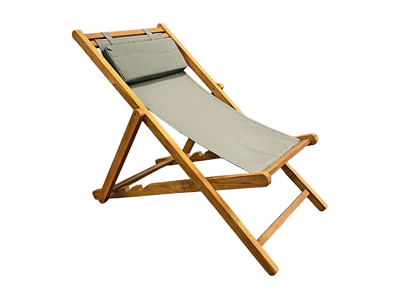Chaise longue chilienne jardin en teck et toile vert sauge - ANCOLIE