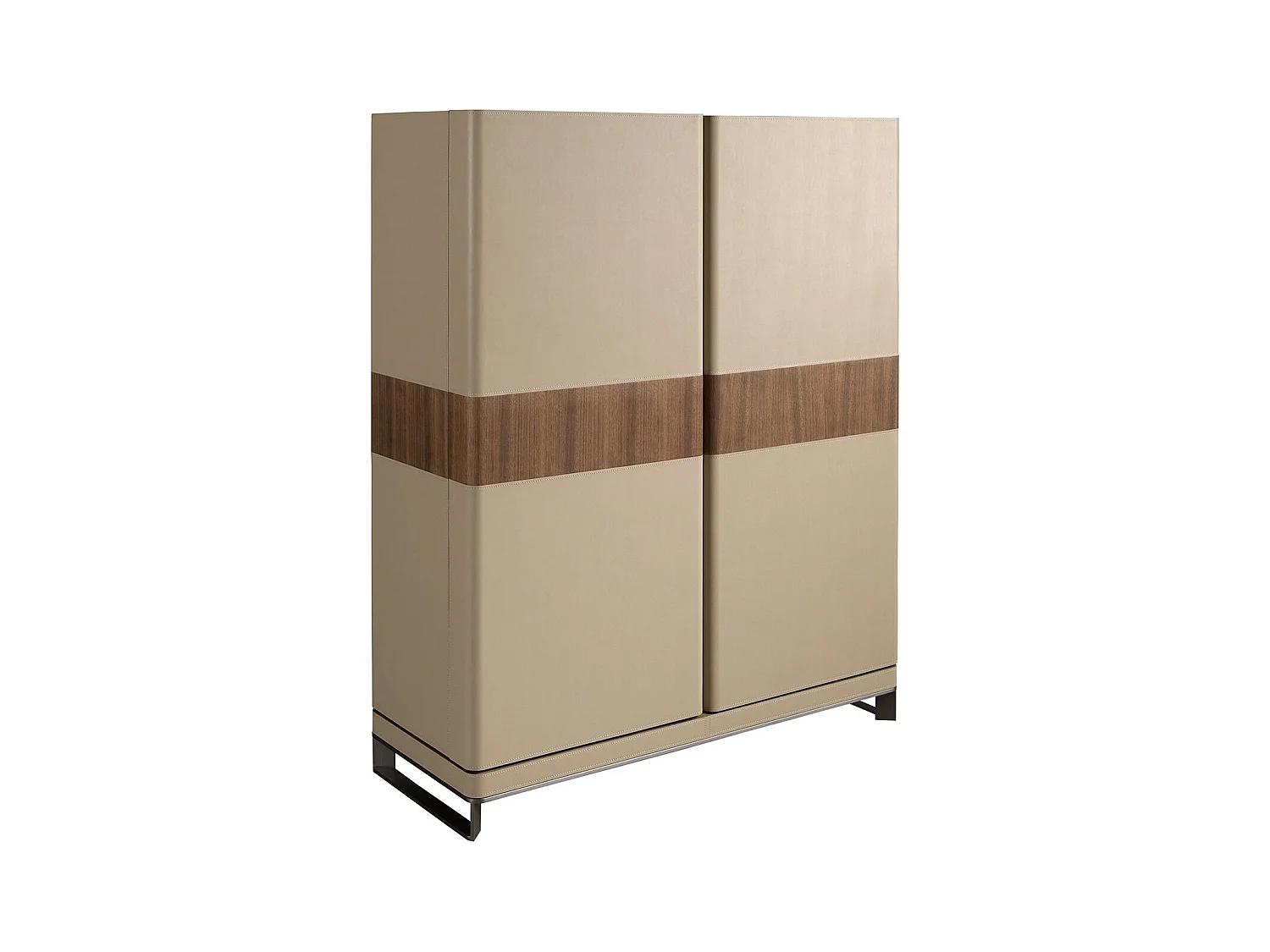 Buffet haut en cuir, noyer et acier poli