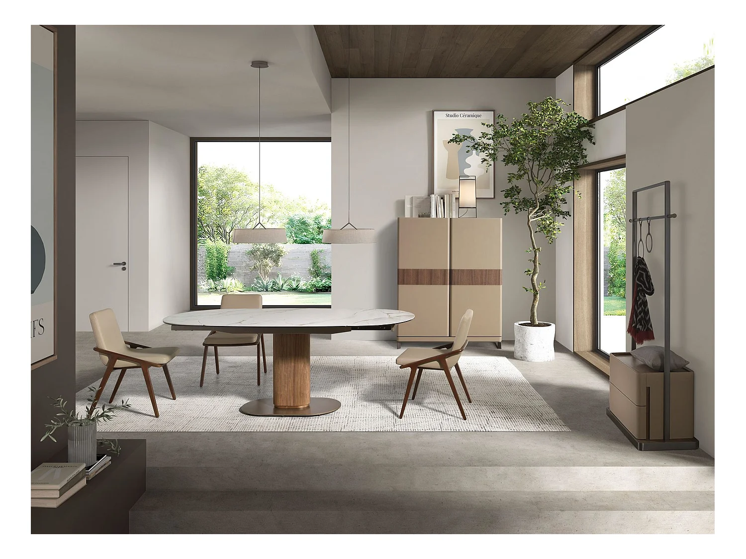 Buffet haut en cuir, noyer et acier poli