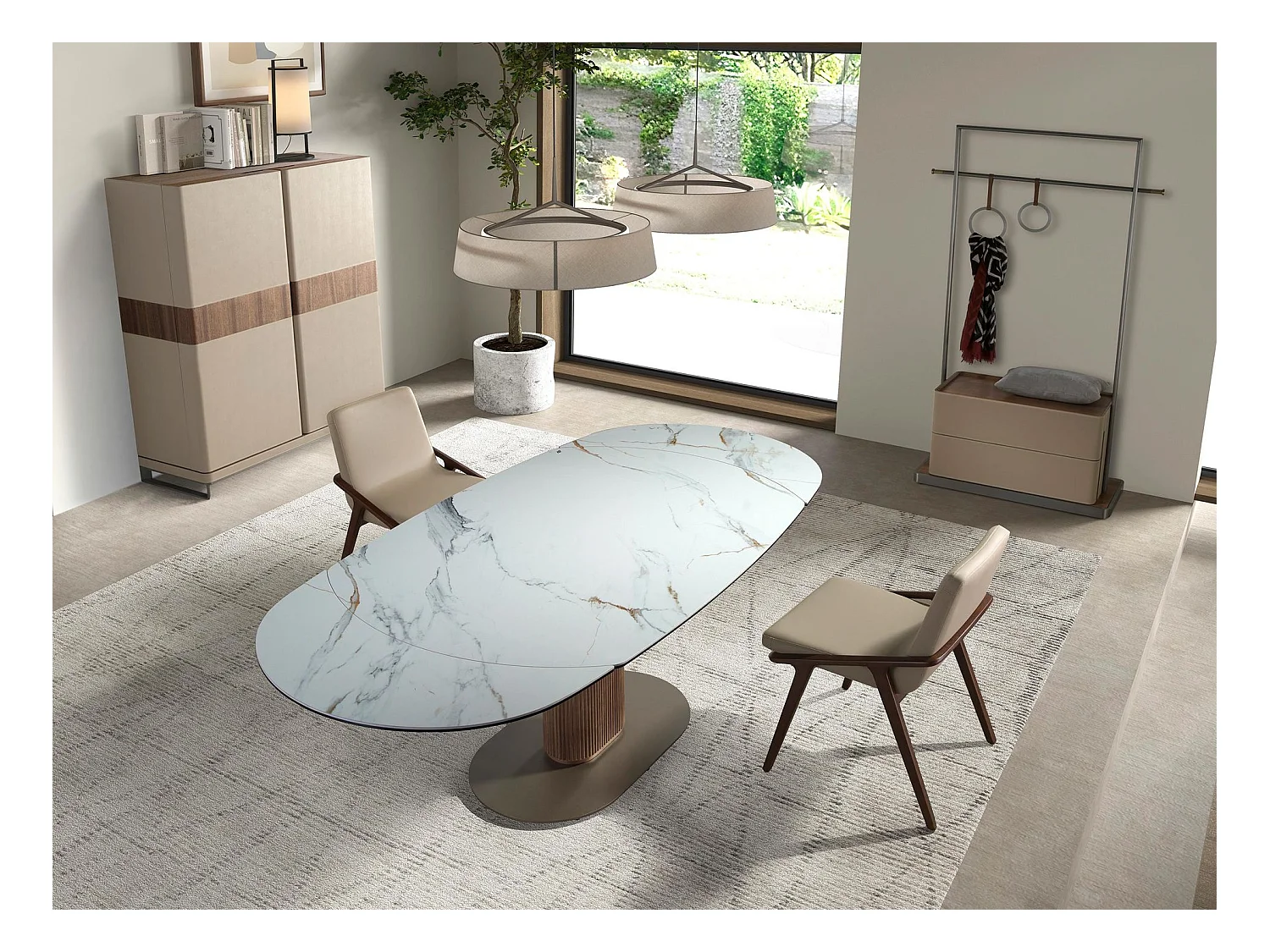 Buffet haut en cuir, noyer et acier poli