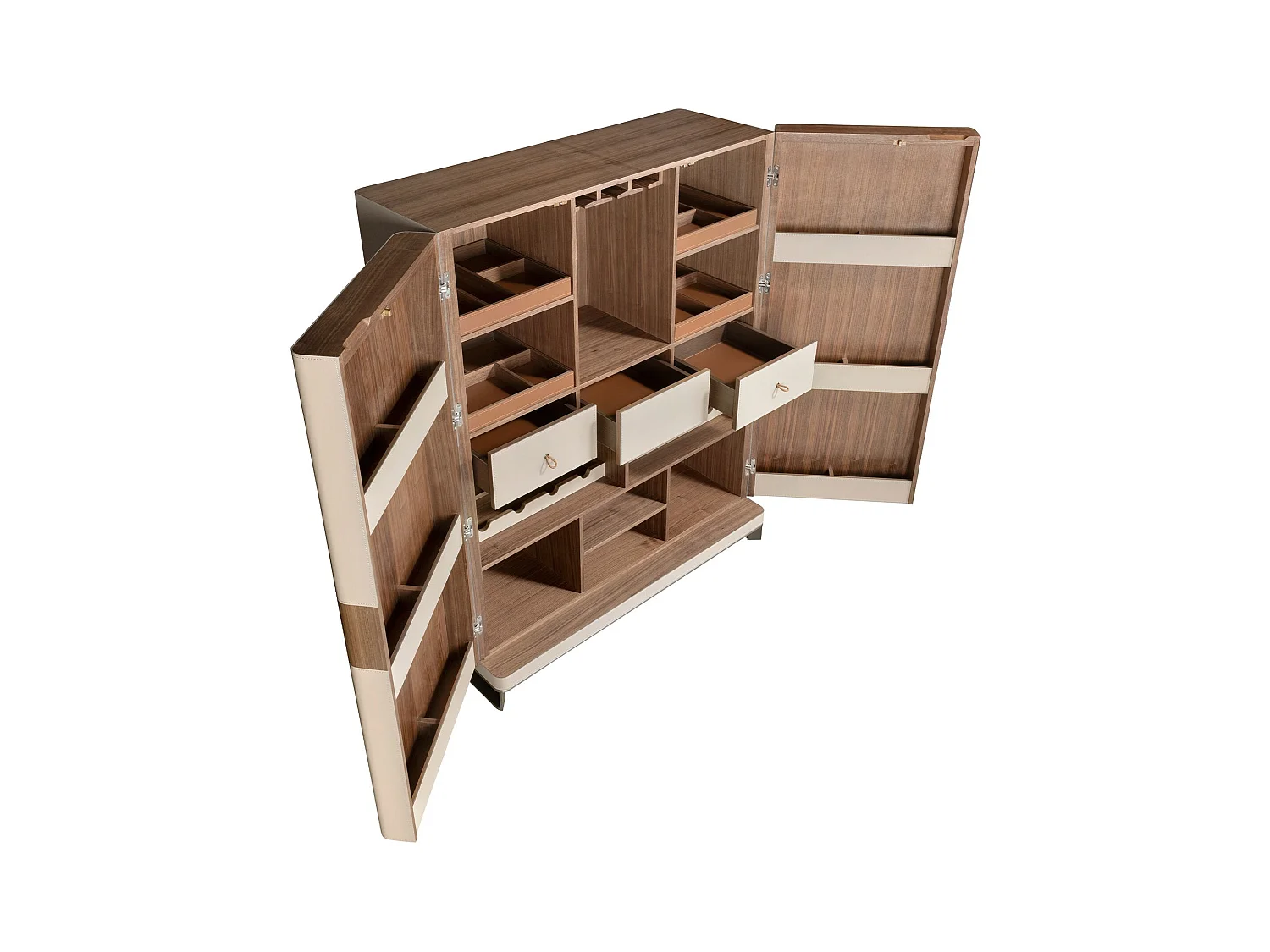 Buffet haut en cuir, noyer et acier poli