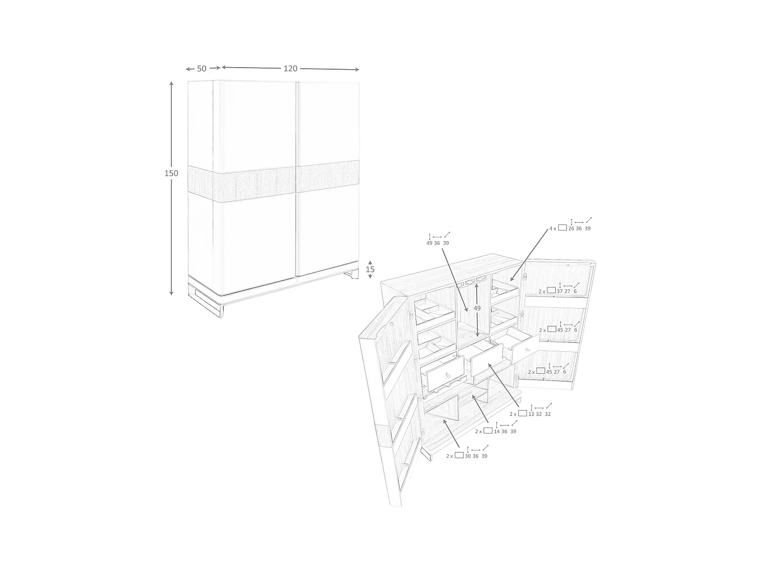 Buffet haut en cuir, noyer et acier poli