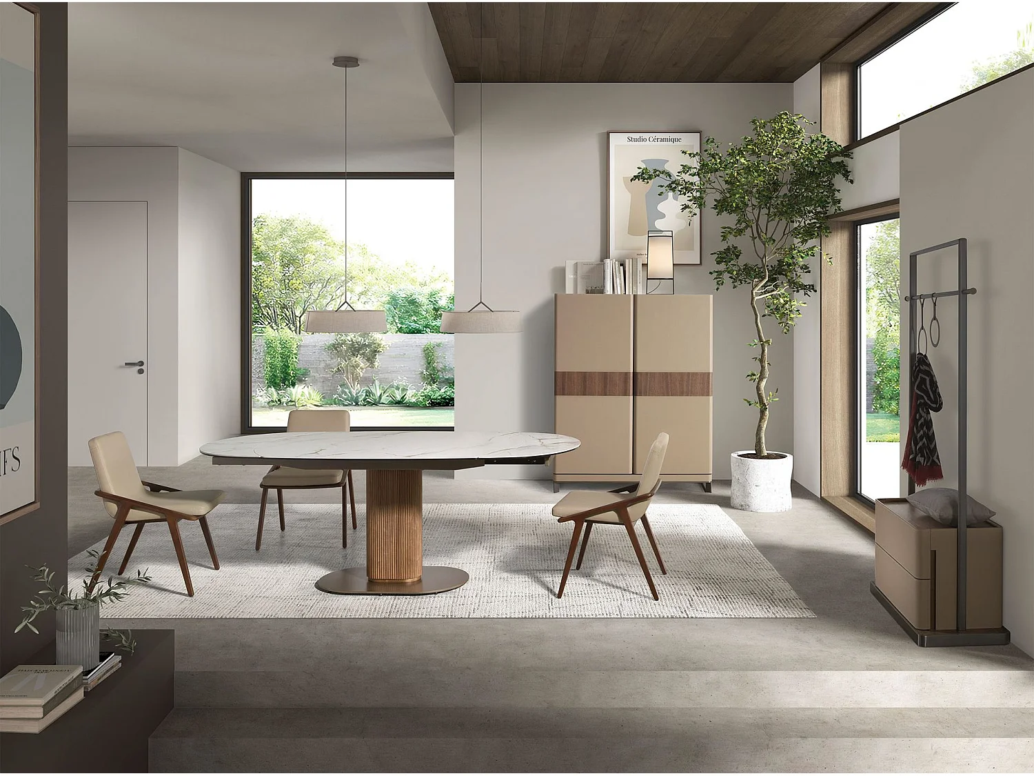 Hoge dressoir van kunstleer, notenhout en gepolijst staal 3276 ANGEL CERDA