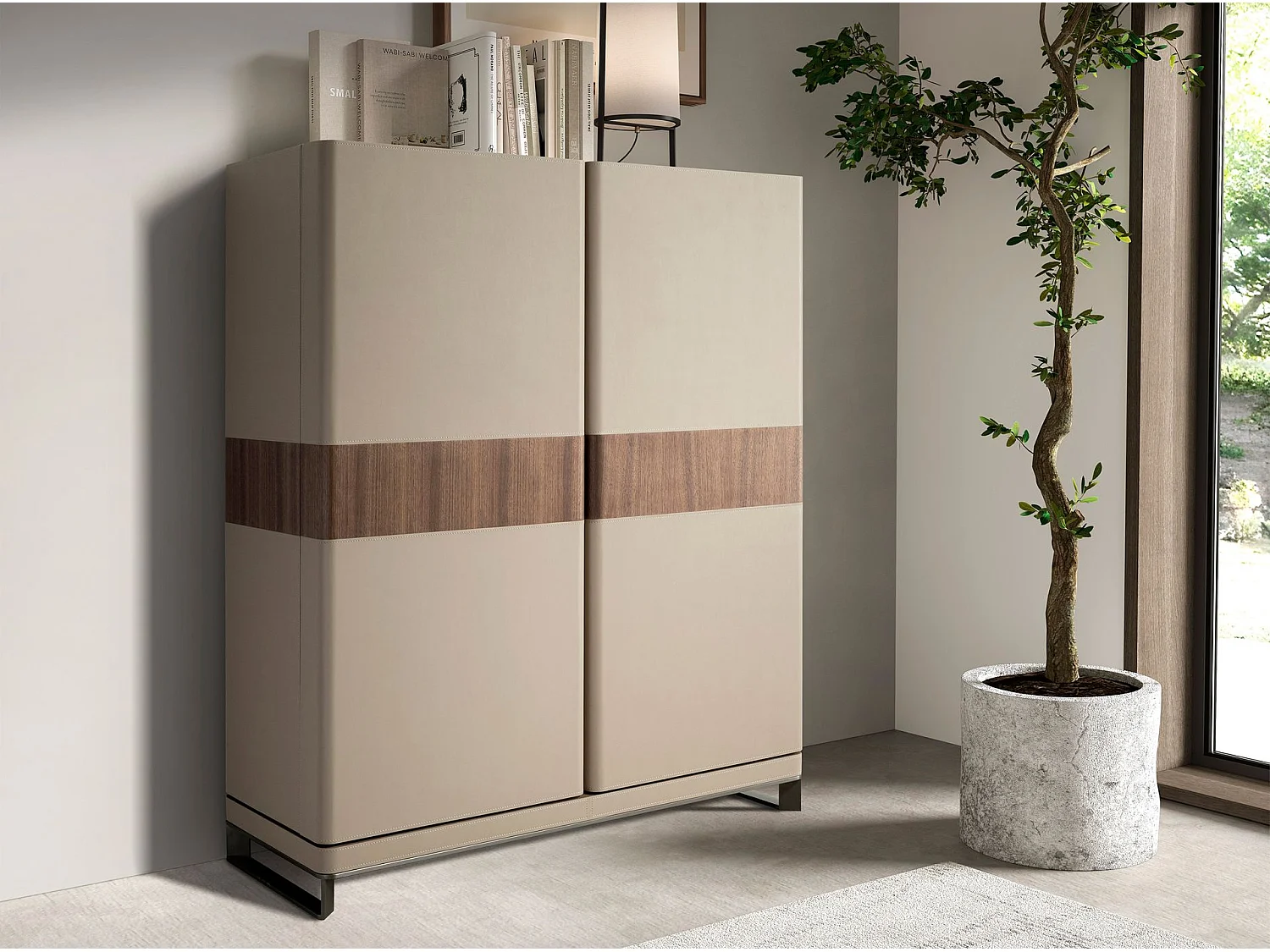 Buffet haut en similicuir, noyer et acier poli 3276 ANGEL CERDA