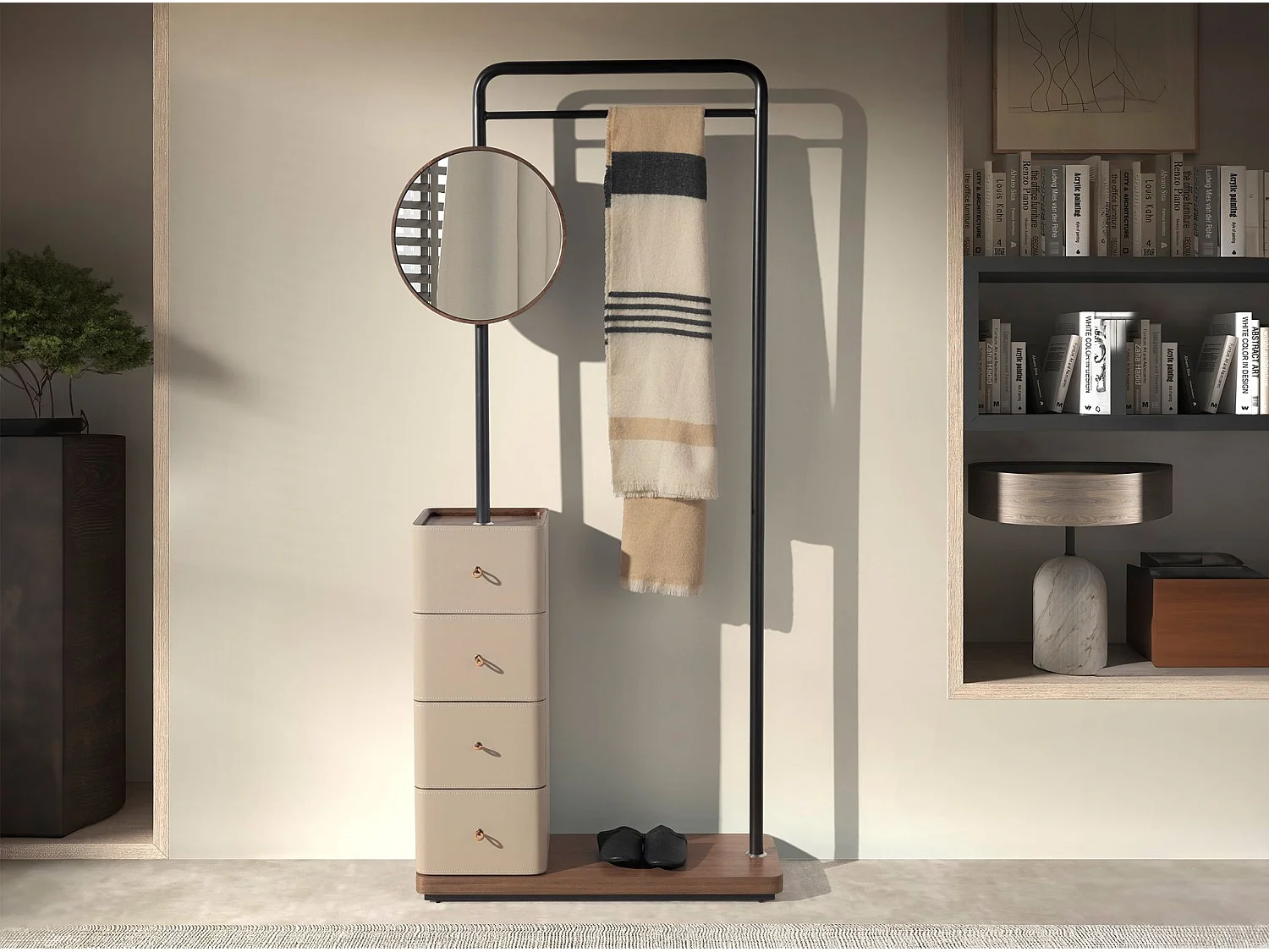 Porte-manteau en similicuir vison, noyer et acier noir avec miroir 3281 ANGEL CERDA