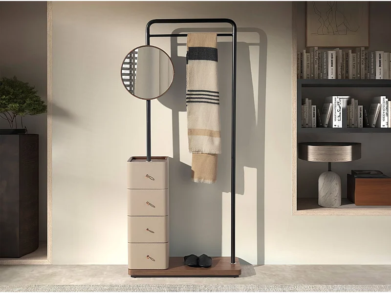 Porte-manteau en similicuir vison, noyer et acier noir avec miroir 3281 ANGEL CERDA