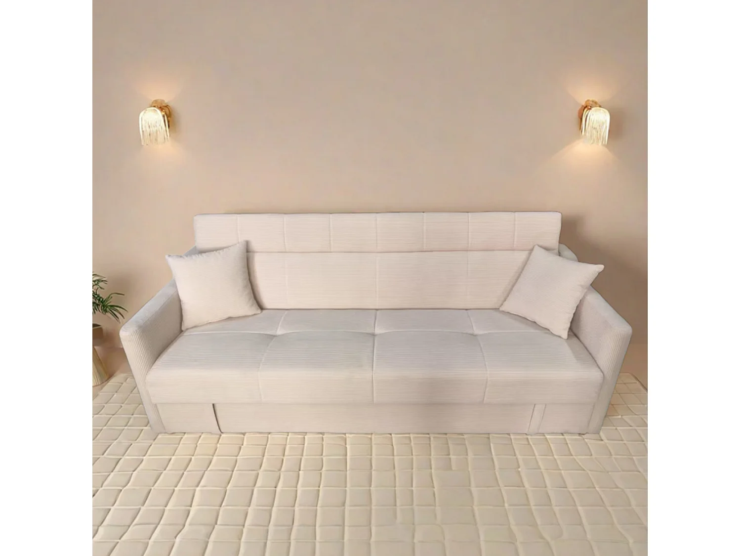 Canapé convertible avec coffre en velours cotelé beige 3 places ADARE