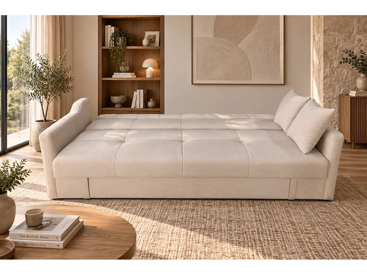 Canapé convertible 3 places avec coffre en velours cotele beige ADARE