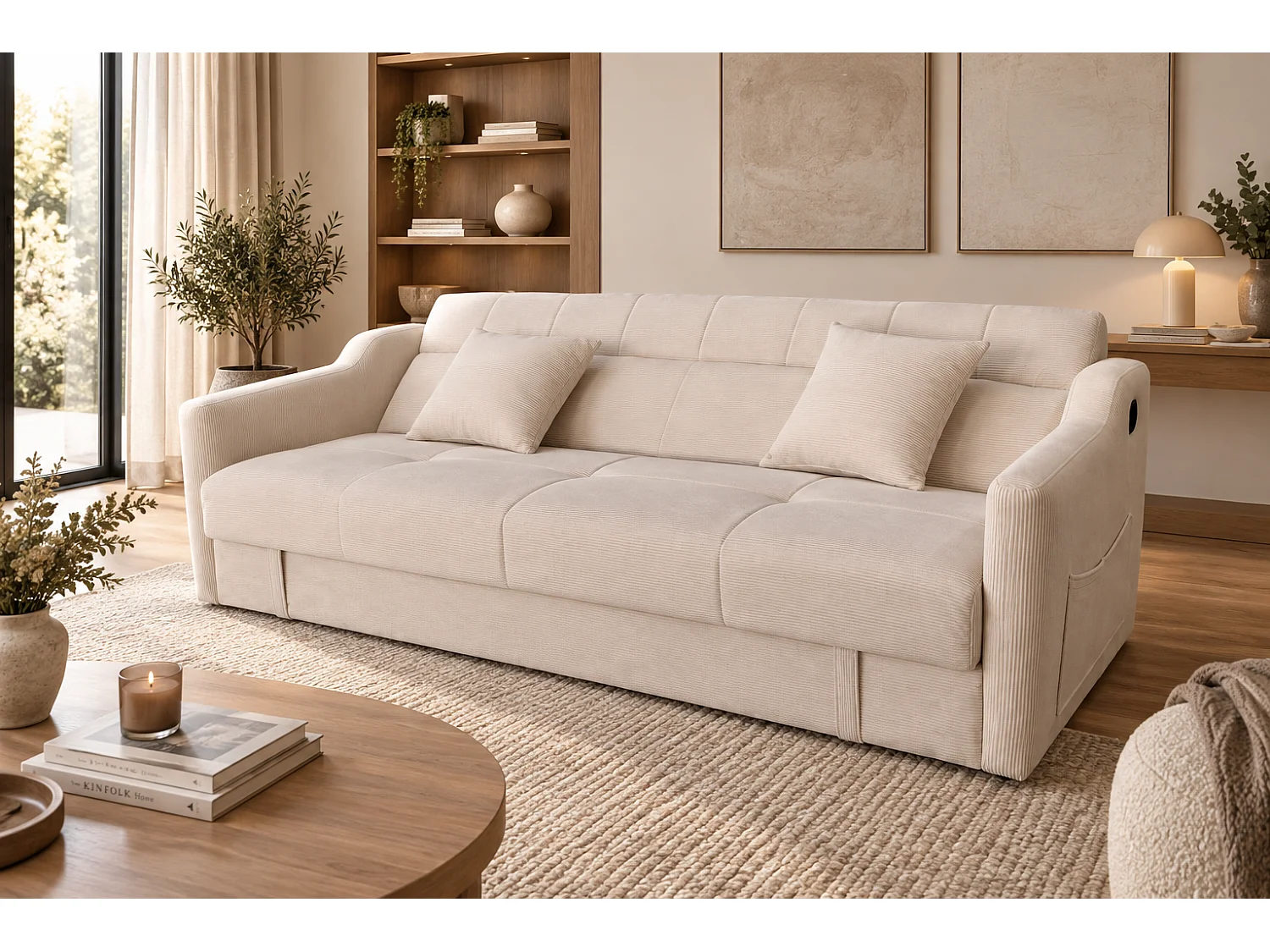 Canapé convertible 3 places avec coffre en velours cotele beige ADARE