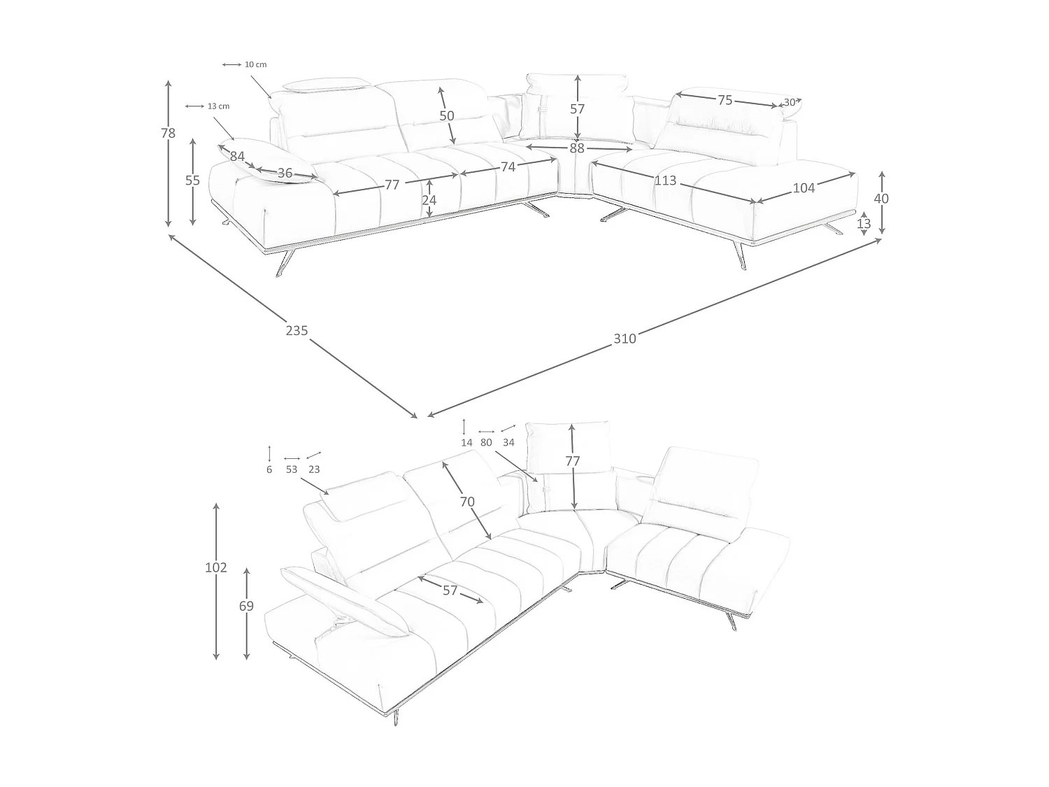 Sofá de canto direito em pele cinzenta clara 6244 ANGEL CERDA
